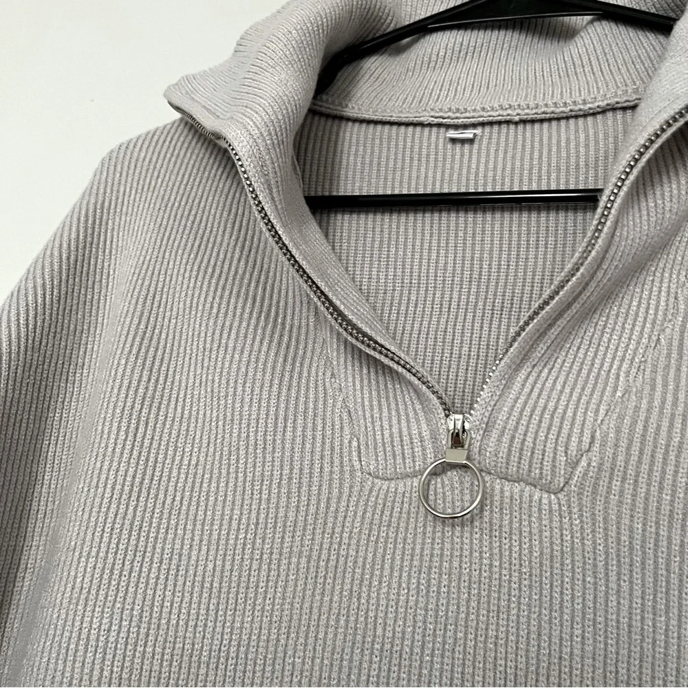 Long Sleeve 1/4 Zipper Collar Drop Shoulder Oversized Slouchy Sweater with Slit - Picture 5 of 8